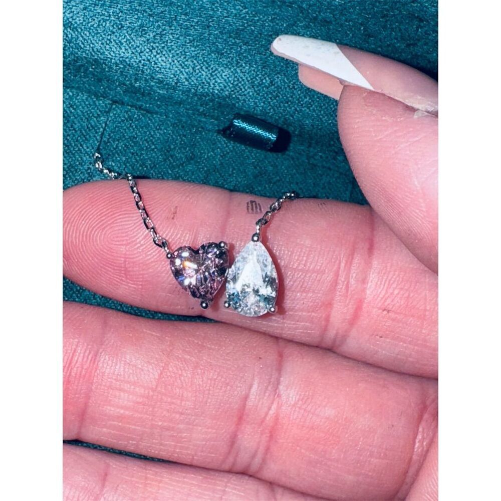 Pink Heart White Pear-Shaped Cubic Zirconia You & Me Necklace in Sterling Silver - Picture 8 of 16